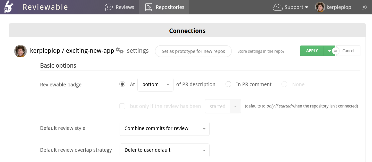 reviewable repo settings