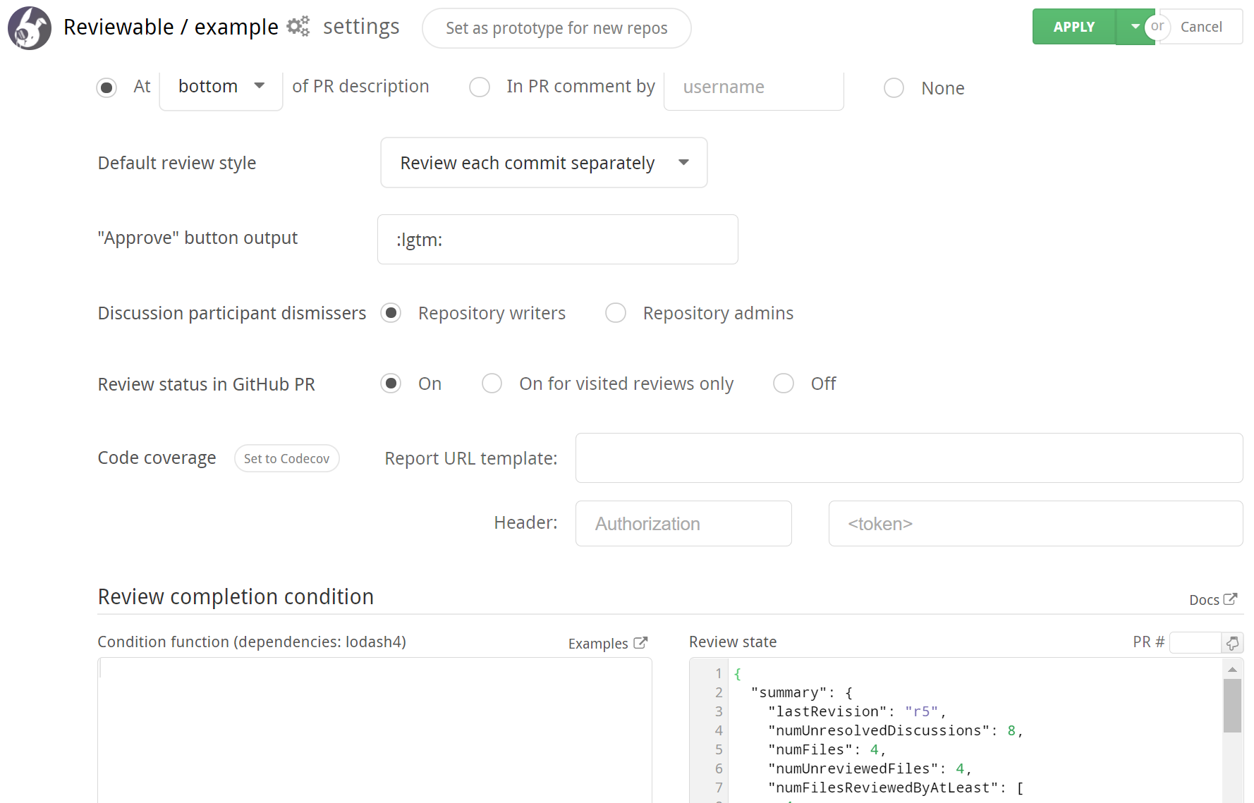 reviewable repo settings